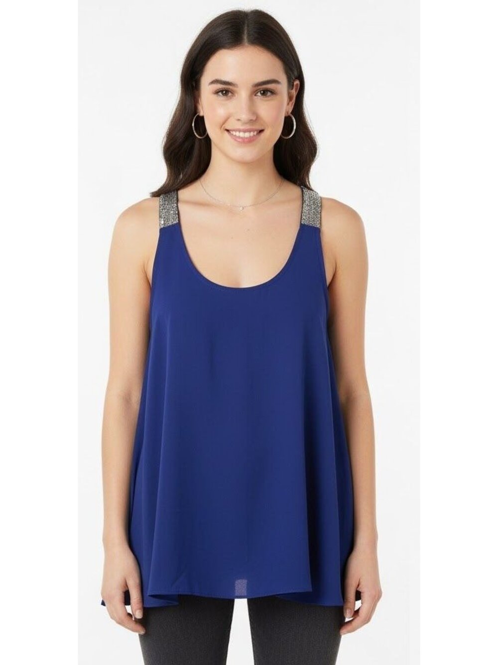 Blue Sleeveless Racerback Tank Top With Silver Beaded Straps By Ark & Co. Size L